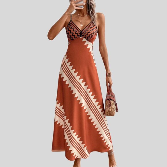 Boho Geometric Print Shirred Back Cami Dress Rust - Picture 2 of 7